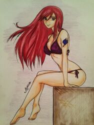 1girls anastasia1312 bikini breasts brown_eyes commission drawing erza_scarlet fairy_tail female female_only looking_at_viewer outside pinup red_hair sitting solo solo_female tagme tattoo_on_arm