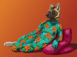 2020 african_wild_dog anthro bodystocking brown_body brown_fur canid canine chastity_device floral_print fur green_eyes grey_body grey_fur hand_on_leg harem harem_outfit kenta_(gaskari) looking_aside male mammal mitokep pillow reclining simple_background solo tan_body tan_fur