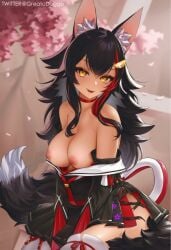 1girls animal_ear_fluff bangs black_hair breasts breasts_out choker clothes_pull greatodoggo hair_ornament hairclip hololive hololive_gamers hololive_japan large_breasts long_hair looking_at_viewer multicolored_hair nipples ookami_mio open_mouth orange_eyes red_hair skirt smile streaked_hair thighhighs thighs virtual_youtuber white_hair wolf_ears wolf_girl wolf_tail