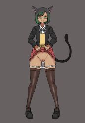 absurdres animal_ears ass_visible_through_thighs breasts cat_ears cat_girl cat_tail deculture female flashing glasses green_eyes green_hair highres lifted_by_self original panties presenting pussy pussy_juice school_uniform second-party_source short_hair skindentation small_breasts smirk source_request tail tan thighhighs underwear