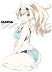 alternate_hairstyle anchor_symbol ass bare_arms bare_legs bare_shoulders barefoot bikini blonde_hair blue_bikini blue_eyes character_name clothes_writing eyebrows_visible_through_hair female full_body gambier_bay_(kantai_collection) hair_between_eyes kantai_collection long_hair open_mouth ponytail shigino_sohuzi smile solo sports_bikini swimsuit toes