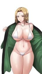 1girls absurdres bellone big_breasts bikini blonde_hair breasts brown_eyes cleavage closed_mouth coat collarbone curvy facial_mark forehead forehead_mark green_jacket groin haori highres huge_breasts jacket jewelry large_breasts light-skinned_female light_skin lips looking_at_viewer mature mature_female mature_woman naruto naruto_(series) navel open_clothes open_jacket oppai pendant pinup presenting presenting_self simple_background single_bare_shoulder solo stomach swimsuit thighs trenchcoat tsunade undressing voluptuous white_background white_bikini