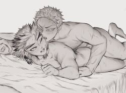 2boys akaza_(kimetsu_no_yaiba) blush demon_slayer fangs gay hand_holding implied_anal kimetsu_no_yaiba looking_at_another looking_back male male_only monochrome muscular muscular_male on_bed on_stomach one_eye_closed pinned pinned_down rengoku_kyoujurou sheet_grab sweat thick_eyebrows yaoi