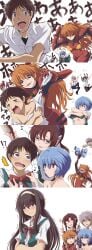 2boys 3girls asuka_langley_sohryu blue_eyes blue_hair blush brown_eyes brown_hair chasing clothing embarrassed feminization girly glasses kaworu_nagisa mari_illustrious_makinami neon_genesis_evangelion rebuild_of_evangelion red_hair rei_ayanami school_uniform shinji_ikari stripping takanasu05 tearing_clothes tears thumbs_up trap underwear undressing white_hair wig