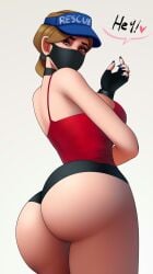 ass ass_focus blue_cap blue_nails clothed epic_games female female_focus female_only fingerless_gloves fortnite fortnite:_battle_royale lifeguard mask red_eyes red_shirt solo speaking_to_viewer sunstrider_(fortnite) swimwear tagme text