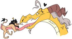 animaniacs_(2020) anthro anthro_on_anthro benedict_(animaniacs) dragon duo edtertainerd facial_hair felid grey_hair hair heart hi_res horn larger_male lion long_tongue male male/male mammal oral pantherine sex simple_background size_difference smaller_male smile tongue tongue_out tonguejob whiskers white_background