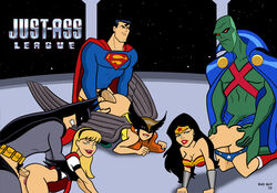 2010 3boys 3girls alien anal anal_sex ass bad_guy batman batman_(series) big_penis biting_lip black_hair blonde_hair blue_eyes bottomless clark_kent dc dc_comics dcau doggy_style earrings green-skinned_male green_skin group_sex hairband hawkgirl human human_on_humanoid humanoid interspecies justice_league justice_league_unlimited light-skinned_female light-skinned_male light_skin lipstick martian_manhunter mask multiple_boys multiple_girls orange_hair orgy penis sex supergirl superman superman_(series) taken_from_behind testicles tiara veiny_penis wonder_woman wonder_woman_(series)