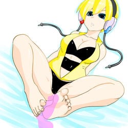 barefoot blonde_hair blue_eyes breast cleavage clothing color elesa_(pokemon) elesa_(pokemon_bw) feet female footjob gym_leader headphones human human_only invisible_penis male nintendo numadaira penis pokemon pokemon_bw silhouette