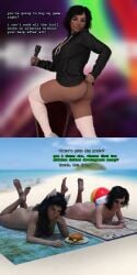 3d 3d_(artwork) beach beach_ball beach_towel breedingduties burger dialogue fat_ass flashlight food funny half_siblings hiveswap homestuck hoodie jade_harley joey_claire long_socks nude relaxing socks sunbathing sunglasses tan_body