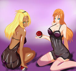 2girls back beauty_(pokemon) blonde_hair blue_eyes breasts dark-skinned_female dark_skin dress female female_only fishnets green_eyes holding human long_hair npc_trainer orange_hair poke_ball pokemon sitting thighhighs