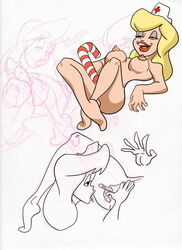 animaniacs blonde_hair breasts candy_cane color female female_only fingering hello_nurse human jughead13155 lipstick multiple_girls nipples nude partially_colored tagme vulva warner_brothers yuri