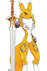 anthro breasts color digimon female female_only front_view fur furry hand_on_hip nude ratofblades renamon solo sword vulva weapon