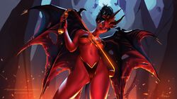 big_breasts black_hair blue_eyes crown demon dota_2 firenze_art horns panties queen_of_pain red_skin succubus whip wings