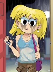 1girls 2022 bag belly_button bra_visible_through_clothes breasts earrings female front_view grabbing grumpy looking_at_viewer lori_loud messy nickelodeon raining shorts signature smartphone solo solo_female tagme_(artist) tanktop the_loud_house wet wet_clothes