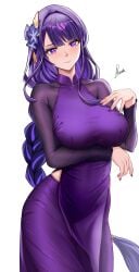 1girls blush braid breasts busty clothing curvy curvy_figure dress female genshin_impact large_breasts looking_at_viewer milf mole mole_under_eye nail_polish piukute062 purple_dress purple_eyes purple_hair raiden_shogun smile