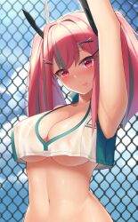 1girls absurdres areolae armpits arms_up azur_lane bangs blush breasts bremerton_(azur_lane) bremerton_(scorching-hot_training)_(azur_lane) chain-link_fence cleavage commentary crop_top crop_top_overhang day eagle_union_(azur_lane) eyebrows_visible_through_hair female fence grey_hair hair_between_eyes hair_ornament hairclip head_tilt highres large_breasts light-skinned_female light_skin long_hair milk_box_(leoleo963852741) mole mole_under_eye multicolored_hair navel no_bra nose_blush outdoors pink_hair see-through shiny shiny_skin shirt sleeveless sleeveless_shirt sportswear streaked_hair teasing tennis_uniform tongue tongue_out twintails two-tone_shirt underboob upper_body x_hair_ornament