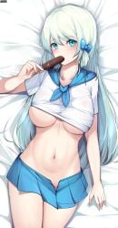 artist_name bangs bed_sheet blue_bow blue_eyes blue_hair blue_neckerchief blue_neckwear blue_sailor_collar blue_skirt blush bow breasts clothes_lift commentary cowboy_shot ddangbi eyebrows_visible_through_hair female food food_in_mouth glint groin hair_between_eyes hairband highres holding holding_food large_breasts long_hair looking_at_viewer lying miniskirt navel neckerchief on_back open_clothes open_skirt original pleated_skirt popsicle sailor_collar school_uniform serafuku shadow shirt_lift sidelocks skirt solo stomach underboob