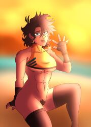 abs bikini_top blue_eyes bottomless brown_hair brown_skin chromexorannex coco_joestar earrings jjba_oc jojo_oc mole muscular_female oc original_character ourobouro pubic_hair revealing_clothes swimsuit thighhighs