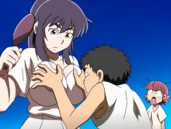 1boy 2d animated animated_gif bouncing_breast bouncing_breasts breasts cleavage desert_punk female funny gif green_eyes grope groping groping_breast groping_breasts groping_from_behind groping_through_clothes huge_breasts junko_asagiri large_breasts purple_hair screencap