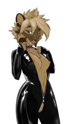 anthro big_breasts blonde_hair breasts clothed clothing collar digital_drawing_(artwork) digital_media_(artwork) ear_piercing falla_(f-r95) fangs felid female fingers fur furry furry_only genitals hair hi_res kimart_i looking_at_viewer machairodontine mammal nipples piercing portrait purple_eyes pussy rubber sabertooth_(anatomy) simple_background skinsuit smile solo tight_clothing