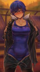 1girls atlus avoiding_eye_contact belt big_breasts blue_eyes blue_eyes_female blue_hair blue_hair_female blush blushing breast_focus breasts clothed clothed_female clothing embarrassed female female_focus female_only full_body hi_res highres jacket large_breasts latex light-skinned_female light_skin looking_to_the_side megami_tensei one-piece_swimsuit open_clothes open_jacket persona persona_4 pout school_uniform sega shirogane_naoto shirt shirt_only shirt_open short_hair short_hair_female solo solo_female solo_focus sunset swimsuit swimsuit_under_clothes toasty_scones tomboy undressing very_short_hair