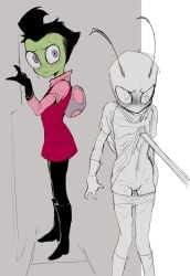 alien alien_humanoid andromorph antennae_(anatomy) clothed clothing clothing_lift cuntboy genitals hi_res humanoid intersex invader_zim irken nickelodeon poppidael pussy scar solo white_background zim