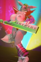 3d 3d_(artwork) anthro bandai_namco big_breasts breasts chest_tuft clothing colorful colorful_background costume digimon digimon_(species) digital_media_(artwork) female five_nights_at_freddy's five_nights_at_freddy's:_security_breach fluffy fluffy_hair hair hi_res humanoid machine musical_instrument plastic renamon robot robot_humanoid roxanne_wolf_(fnaf) scottgames singing smile stage stage_curtains stage_lights tuft veryfluffy video_games