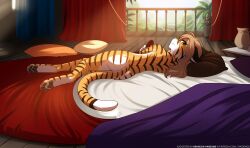 ass black_fur bubble_butt flora's_mom flora_(twokinds) green_eyes light_brown_hair long_hair looking_at_viewer looking_back lying_on_bed lying_on_side milf orange_fur tiger tiger_ears tiger_girl tiger_humanoid tiger_stripes tiger_tail tom_fischbach twokinds