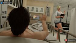 1boy 1girls 3d big_breasts blonde_hair breasts cleavage duo eskandart female glasses labcoat male mercy overwatch tagme