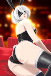 ass black_blindfold black_hairband blindfold bunny_ears bunny_girl bunny_tail debasaki female female_only hair_ornament hairband light-skinned_female light_skin looking_at_viewer nier nier:_automata short_hair thighhighs thighs voluptuous white_hair yorha_2b