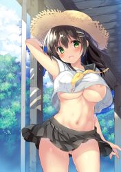 :d areola_slip areolae armpit_peek black_hair black_skirt blush bottomless bottomless_skirt breasts cowboy_shot crop_top crop_top_overhang day female gluteal_fold green_eyes hair_ornament hat large_breasts long_hair looking_at_viewer midriff miniskirt navel neckerchief nipples no_bra no_panties open_mouth original outdoors pleated_skirt sanshoku_amido school_uniform serafuku skirt smile solo standing straw_hat sun_hat sweat underboob undersized_clothes yellow_neckerchief