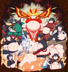 3girls berserk_ryuuko black_hair bob_cut boots breasts fat highres junketsu kill_la_kill kiryuuin_satsuki large_breasts living_clothes mankanshoku_mako matoi_ryuuko medium_breasts microskirt midriff multicolored_hair multiple_girls obese red_hair revealing_clothes school_uniform scissor_blade senketsu serafuku short_hair skirt streaked_hair takamoom thigh_boots thighhighs