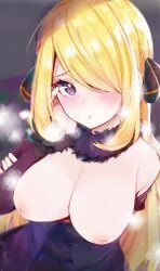 blonde_hair blush breasts breasts_out cynthia_(pokemon) hair_ornament hair_over_one_eye heart-shaped_pupils looking_at_viewer nintendo nipples pokemon pokemon_dppt puffy_nipples rouka_(akatyann) symbol-shaped_pupils