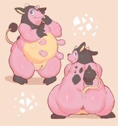 2022 absurd_res anthro anus belly bovid bovine crouching female front_view genitals hi_res horn iamameatballl looking_at_viewer looking_back looking_back_at_viewer mammal miltank nintendo nude overweight overweight_anthro overweight_female pink_body pokémon_(species) pokemon pussy rear_view solo standing teats udders video_games