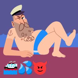 beard blue_swimsuit captain_chuck_hull captain_hat chest_hair chubby emoji grey_hair jackbox_games joke_boat large_nose laying_down male official_art older_male pale_skin solo_male tanline tattoo the_jackbox_party_pack_6 water