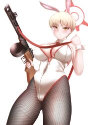 1girls automatic_weapon big_breasts blue_archive blush breasts bunny_ears bunny_girl bunnysuit curtains curvaceous curvy curvy_body curvy_female female female_focus gun huge_breasts kanda23010177 large_breasts looking_at_viewer marina_(blue_archive) pantyhose ppsh_41 short_hair submachine_gun very_short_hair voluptuous weapon