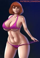 1girls alternate_version_available artist_name big_breasts breasts brown_eyebrows brown_eyes brown_hair cleavage curvy dark_background female hand_on_panties high_resolution looking_at_viewer low_waist my_hero_academia ochako_uraraka osheeda pale-skinned_female patreon_username pink_bra pink_lipstick pink_panties short_hair simple_background straight_hair thick_thighs