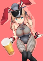 anchor_earrings anchor_necklace animal_ears bare_shoulders beer_mug blonde_hair blue_eyes breasts cleavage cup dated earrings eyebrows_visible_through_hair fake_animal_ears female fishnet_legwear fishnets gloves grey_headwear hair_between_eyes hat holding jewelry kantai_collection large_breasts leotard light_blush long_hair looking_at_viewer military_hat moke_ro mug one-hour_drawing_challenge playboy_bunny prinz_eugen_(kantai_collection) rabbit_ears red_background smile solo thighhighs twintails twitter_username white_gloves wrist_cuffs