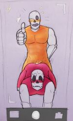 2boys ass blush camera_view cum cum_in_ass cum_inside cum_on_ass front_view gay happy male/male muscular orange_blush orange_body papyrus red_blush red_body red_pupils redeyedgazer shocked skeleton thumbs_up underfell underfell_papyrus undertale undertale_(series) undertale_au white_pupils yaoi