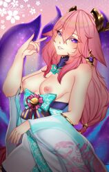 1girls ahri_(cosplay) breasts clothed clothing crossover female female_only fox_ears fox_girl fox_tail genshin_impact hibahria league_of_legends light-skinned_female light_skin long_hair looking_at_viewer nipples pink_hair purple_eyes spirit_blossom_ahri_(cosplay) yae_miko