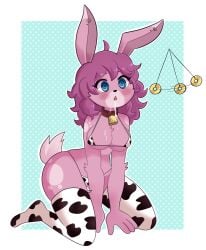 anthro bikini blue_eyes blush bunny_girl cow_bell cow_bell_collar cow_print cow_print_bikini cowbell cum cum_in_mouth expressionless furry hypnosis kneeling large_breasts mind_control pendulum pink_fur purple_hair sakura_(gaminggryff) spiral_eyes suley-nsfw