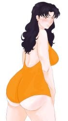 >:( ass big_ass blush breasts large_breasts light-skinned_female light_skin long_hair misato_katsuragi neon_genesis_evangelion one-piece_swimsuit orange_swimsuit purple_hair spiraltoys swimsuit