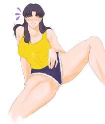 blush bottomwear breasts closed_eyes clothing drunk light-skinned_female light_skin long_hair misato_katsuragi neon_genesis_evangelion purple_hair shorts spiraltoys tanktop thick_thighs thighs voluptuous yellow_tank_top