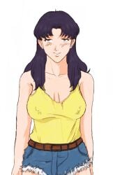 blush bottomwear breasts clothing erect_nipples erect_nipples_under_clothes female female_only hypnosis light-skinned_female light_skin long_hair misato_katsuragi neon_genesis_evangelion nipple_bulge purple_hair shorts smiling spiraltoys tank_top voluptuous yellow_tank_top