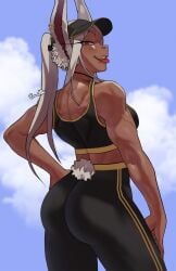 1girls artist_signature ass back_muscles back_view bunny_tail cloud dark-skinned_female dark_skin exercise_clothing female fully_clothed gud0c hat hi_res looking_at_viewer looking_back miruko muscular muscular_female my_hero_academia rabbit_ears red_eyes rumi_usagiyama smile solo sports_bra sportswear sun_visor sweat tank_top toned toned_female tongue tongue_out white_hair workout_clothes yoga_pants