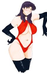 armpits blush breasts clothing large_breasts light-skinned_female light_skin long_hair misato_katsuragi neon_genesis_evangelion purple_hair spiraltoys stockings thighhighs thighs