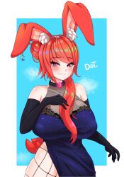 big_breasts choker dot_zack dress earrings fishnets hair_bun long_gloves mashiron_homura rabbit_ears rabbit_girl rabbit_tail red_hair thick_thighs virtual_youtuber