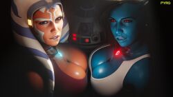 2girls 3d ahsoka_tano alien alien_girl athletic_female big_breasts biting_lip black_hair blue_eyes blue_skin chiss cleavage duo female female_focus female_only licking_lips looking_at_viewer morella multiple_girls orange_skin original_character piercing pyro_(artist) r2-d2 red_eyes side_view star_wars the_clone_wars:_season_seven