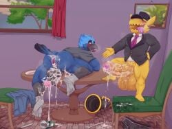 2boys 5_fingers a_hat_in_time anal anthro ass big_ass big_balls big_butt big_penis bird blue_body blue_eyes blue_fur blush closed_eyes clothed clothing cum cum_inside cumshot dated dragon duo ears_up excessive_cum fur furry gay hat hi_res horny humanoid humanoid_penis hyper hyper_balls hyper_penis male_only mkcrown open_mouth precum sex simple_background the_conductor tongue_out yellow_body yellow_ears