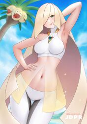 1girls alolan_exeggutor armpits big_breasts blonde_hair bottomwear breasts clothing female game_freak green_eyes hand_on_head hand_on_hip hips jdpr long_hair lusamine_(pokemon) mature mature_female milf mother pants pokemon pokemon_sm posing topwear white_pants